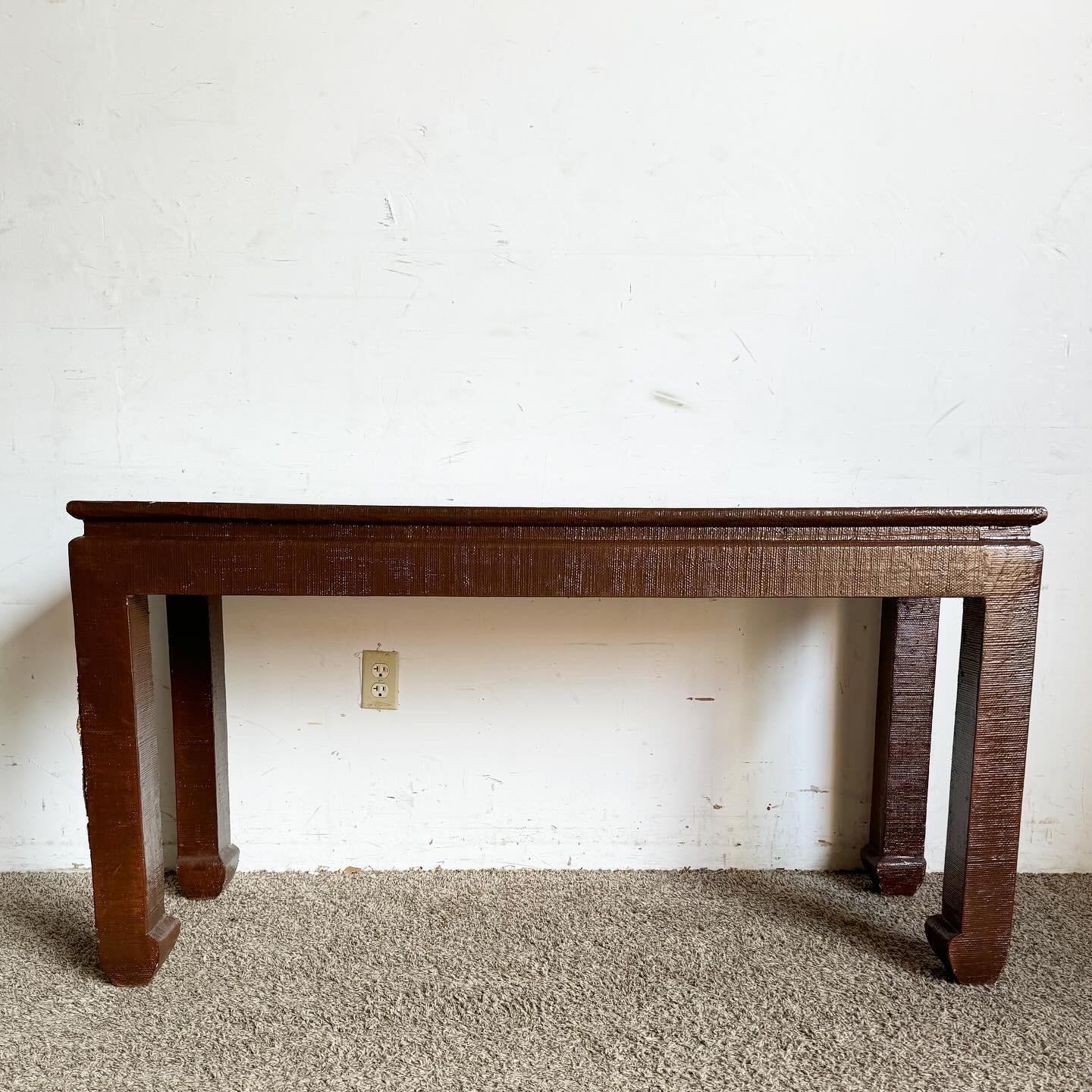 Chinoiserie Brown Finished Grass Cloth Console Table In Good Condition For Sale In Delray Beach, FL
