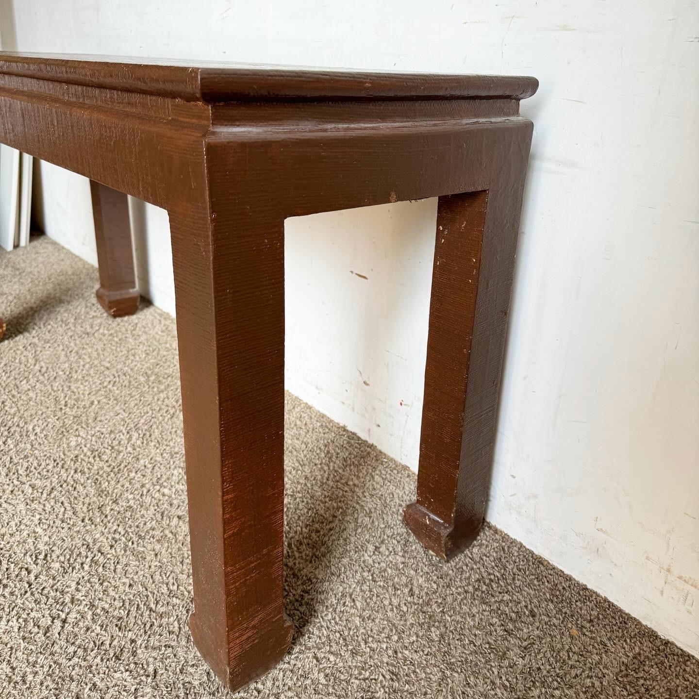 Wood Chinoiserie Brown Finished Grass Cloth Console Table For Sale