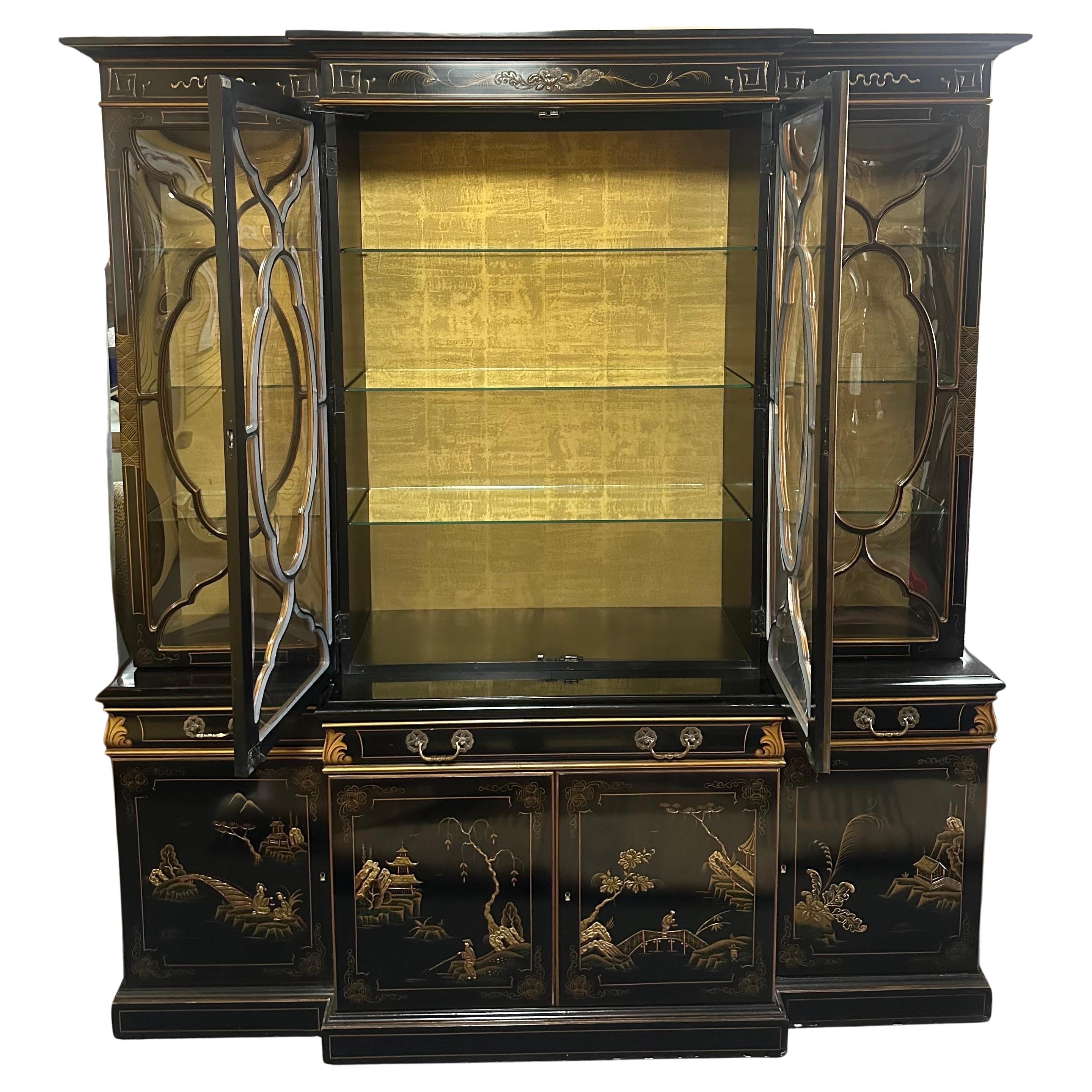 Spanish Chinoiserie Bubble Glass China Cabinet / Breakfront by Karges For Sale