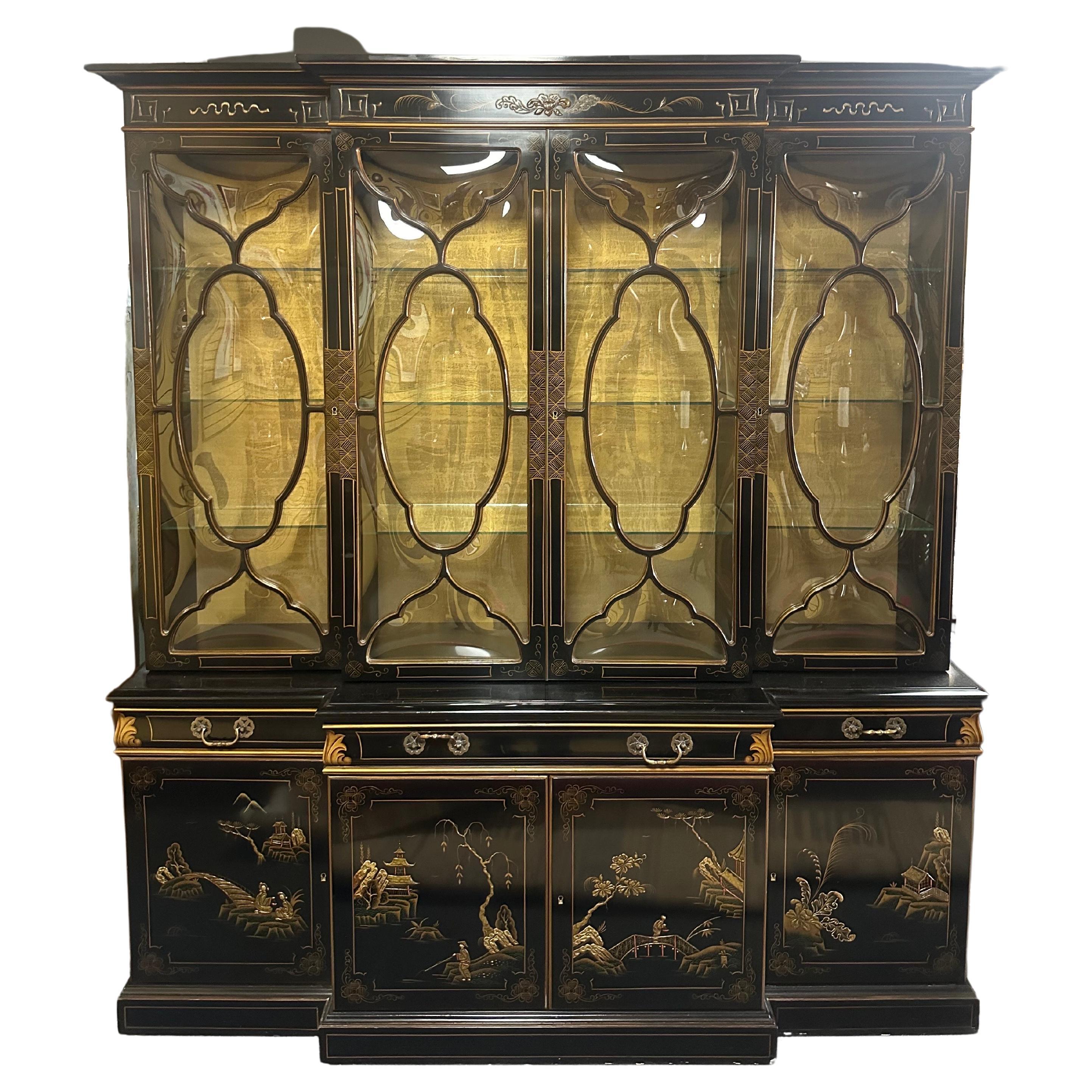 Chinoiserie Bubble Glass China Cabinet / Breakfront by Karges In Good Condition For Sale In San Diego, CA