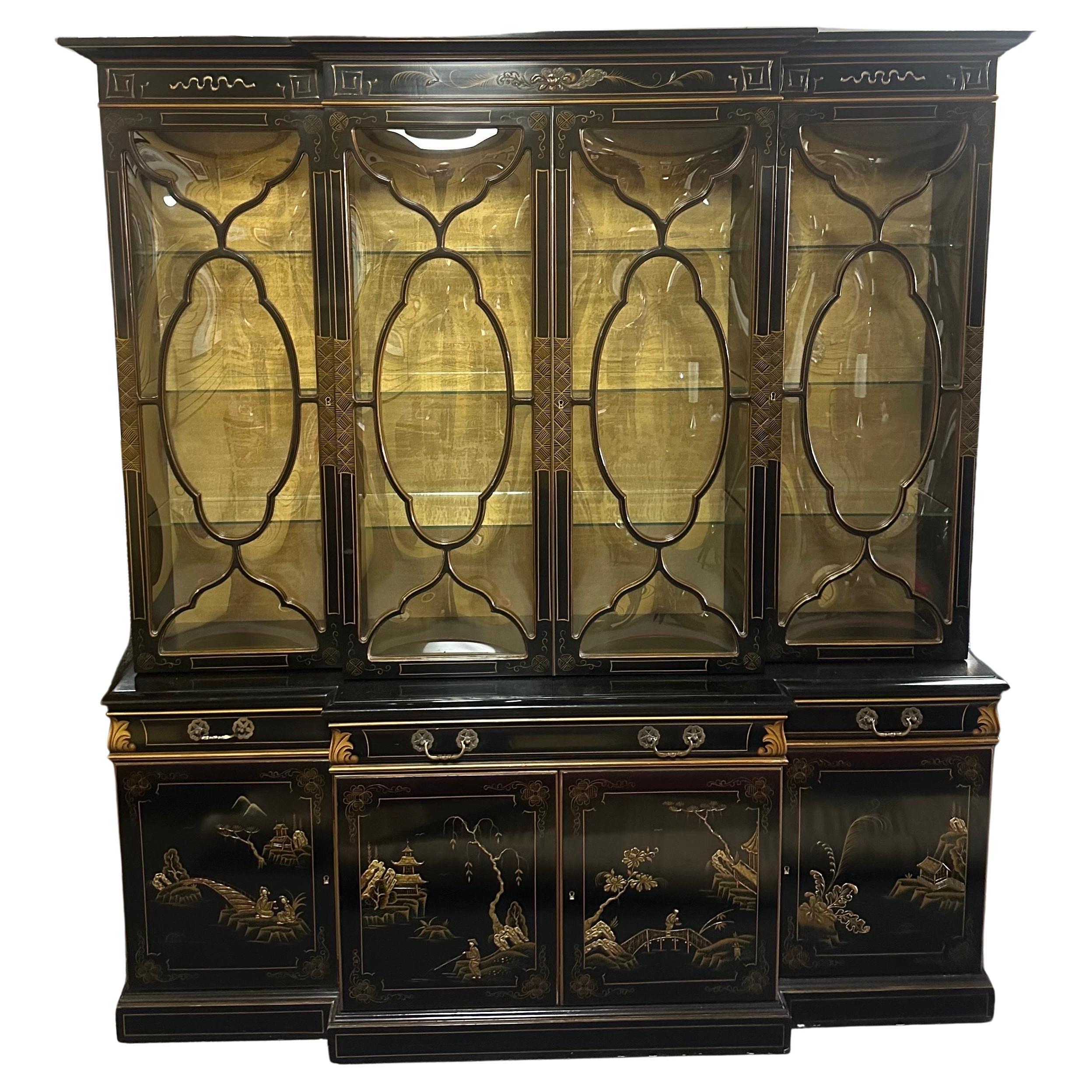Wood Chinoiserie Bubble Glass China Cabinet / Breakfront by Karges For Sale