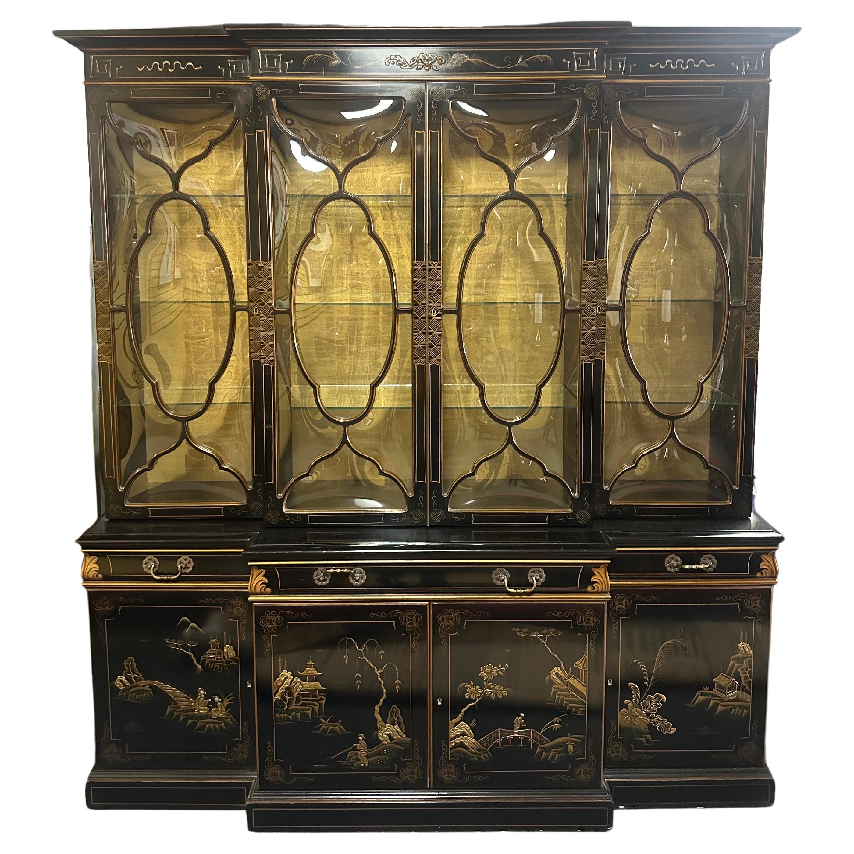 Chinoiserie Bubble Glass China Cabinet / Breakfront by Karges For Sale