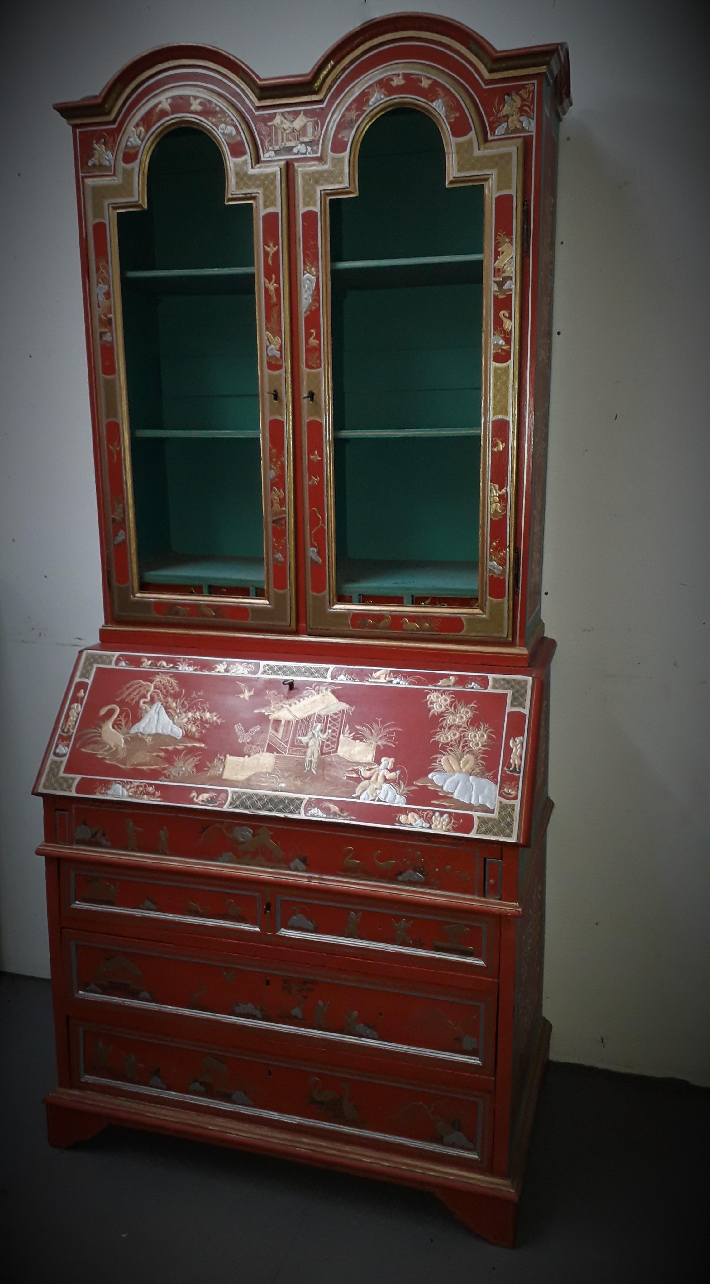 European 18th Century style Chinoiserie Red Lacquer Bureau Bookcase