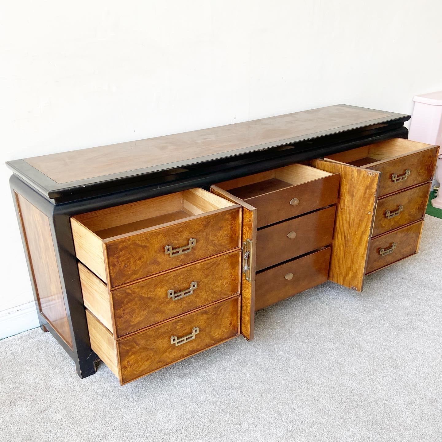 American Chinoiserie Burl Wood and Black Dresser by Century Furniture