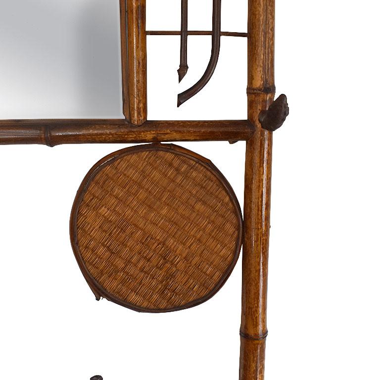 Dutch Chinoiserie Burnt Bamboo English Hall Coat & Umbrella Tree with Mirror and Hooks