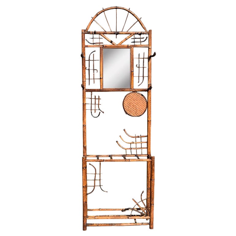 Chinoiserie Burnt Bamboo English Hall Coat & Umbrella Tree with Mirror and Hooks