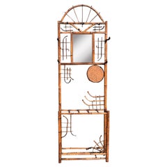 Antique Chinoiserie Burnt Bamboo English Hall Coat & Umbrella Tree with Mirror and Hooks