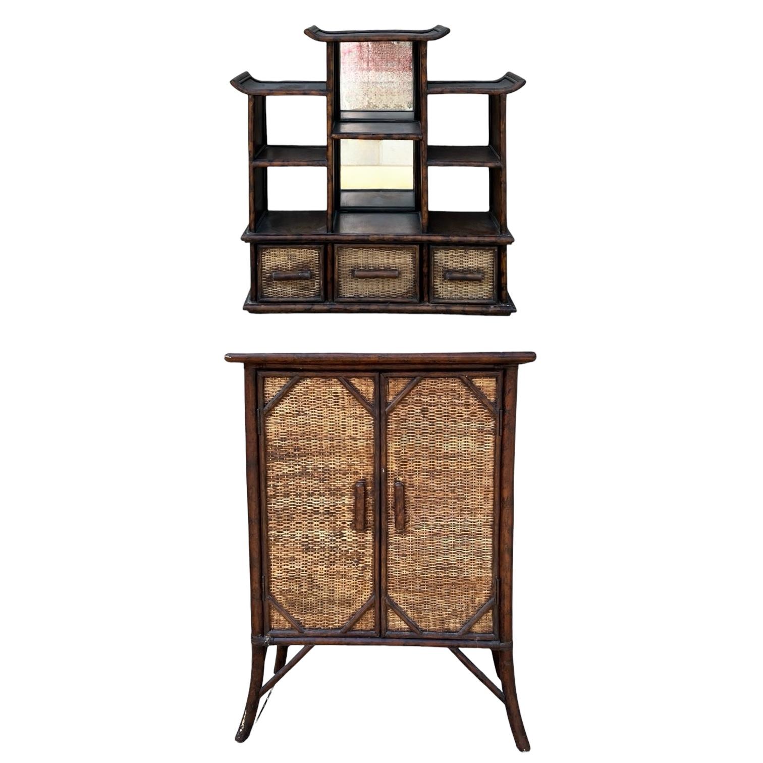 Chinoiserie Burnt Bamboo Pagoda Wall Shelf & Cabinet Att. To Maitland -Smith 3