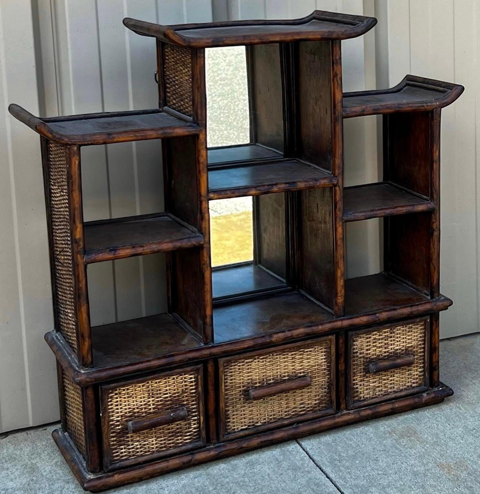 Aesthetic Movement Chinoiserie Burnt Bamboo Pagoda Wall Shelf & Cabinet Att. To Maitland -Smith For Sale