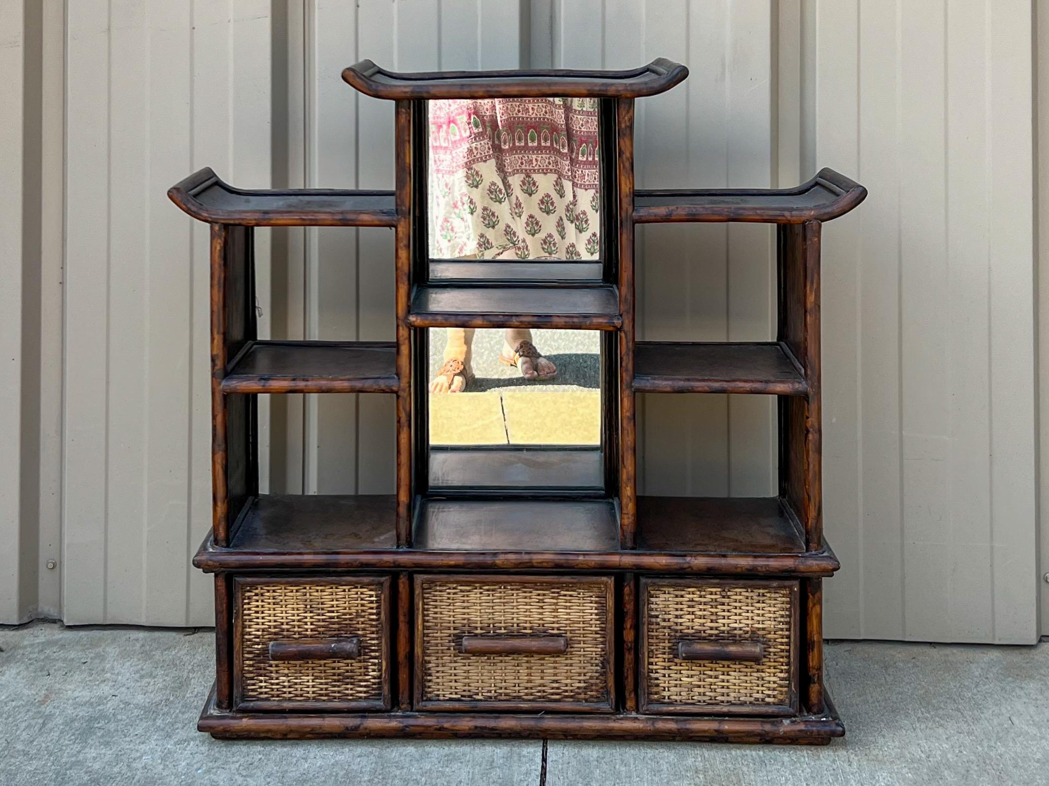 Aesthetic Movement Chinoiserie Burnt Bamboo Pagoda Wall Shelf & Cabinet Att. To Maitland -Smith