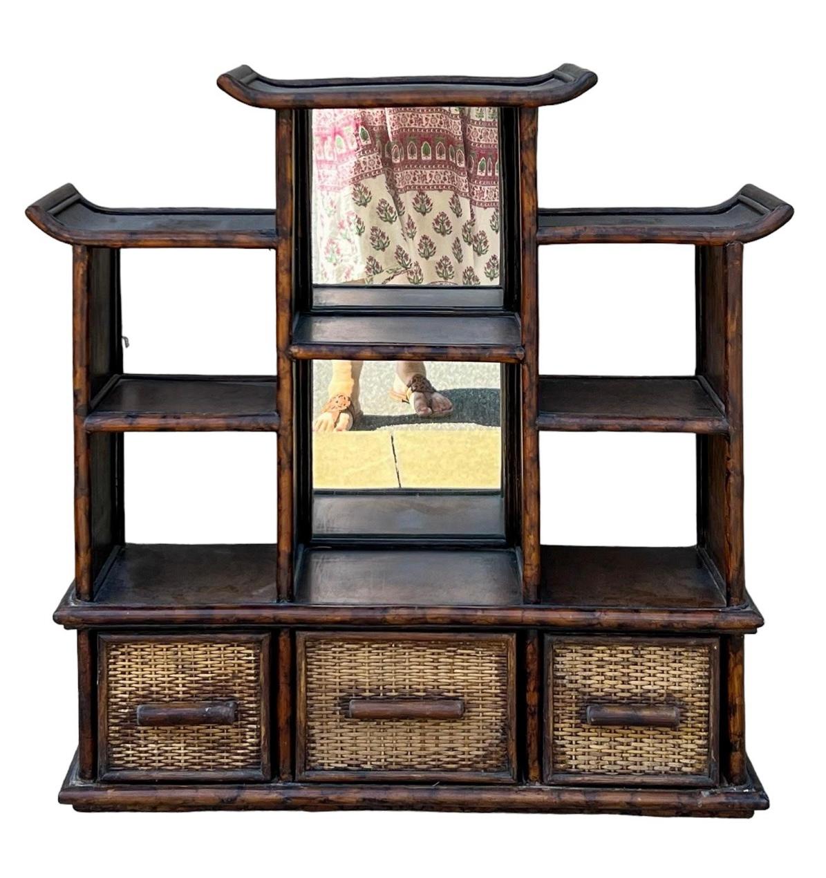 Philippine Chinoiserie Burnt Bamboo Pagoda Wall Shelf & Cabinet Att. To Maitland -Smith For Sale