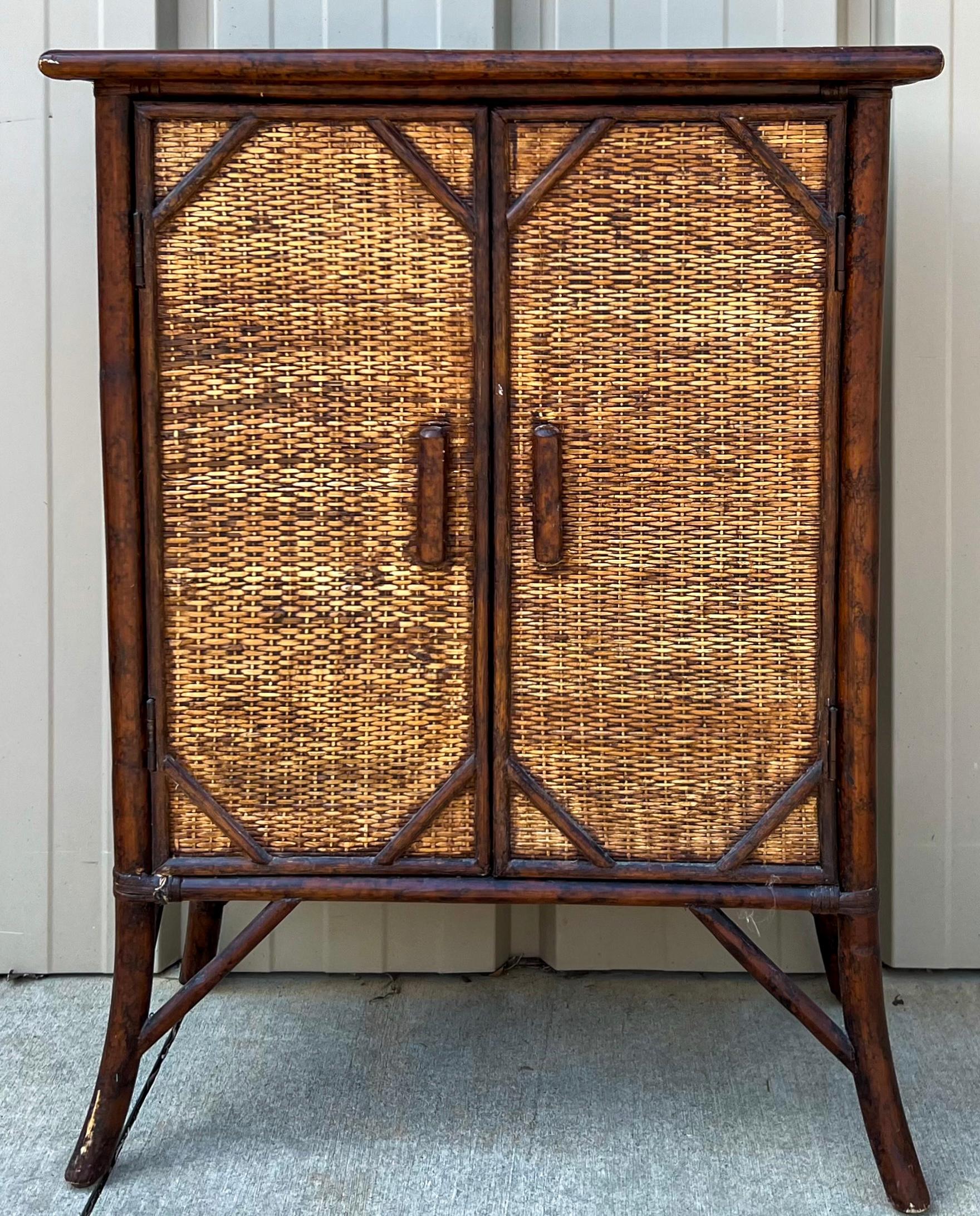 Philippine Chinoiserie Burnt Bamboo Pagoda Wall Shelf & Cabinet Att. To Maitland -Smith