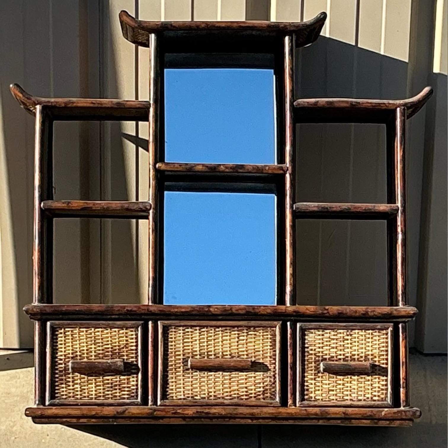 Chinoiserie Burnt Bamboo Pagoda Wall Shelf & Cabinet Att. To Maitland -Smith In Good Condition For Sale In Kennesaw, GA