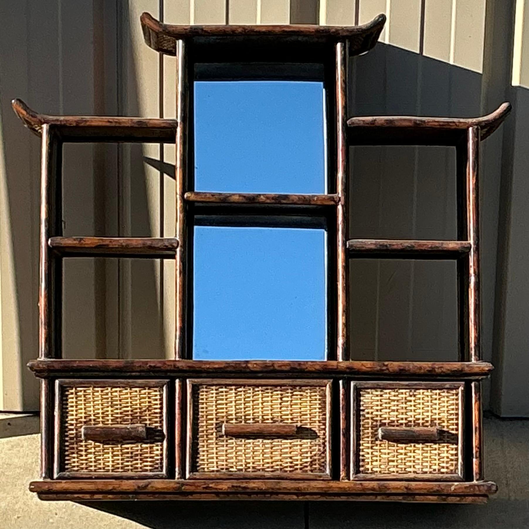 Grasscloth Chinoiserie Burnt Bamboo Pagoda Wall Shelf & Cabinet Att. To Maitland -Smith For Sale