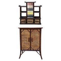 Vintage Chinoiserie Burnt Bamboo Pagoda Wall Shelf & Cabinet Att. To Maitland -Smith