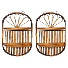 Chinoiserie Burnt Bamboo Tortoise Hanging Folding Wall Shelves, a Pair