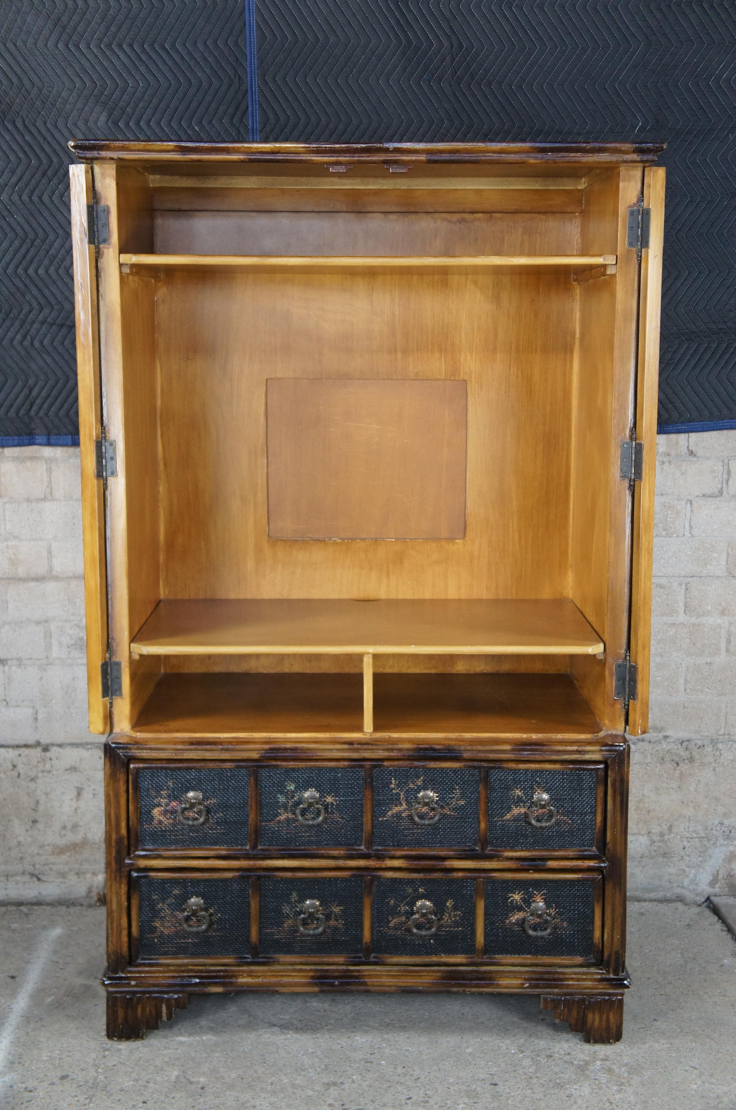 Chinoiserie Burnt Scorched Faux Bamboo Oriental Armoire Wardrobe Media Cabinet In Good Condition In Dayton, OH