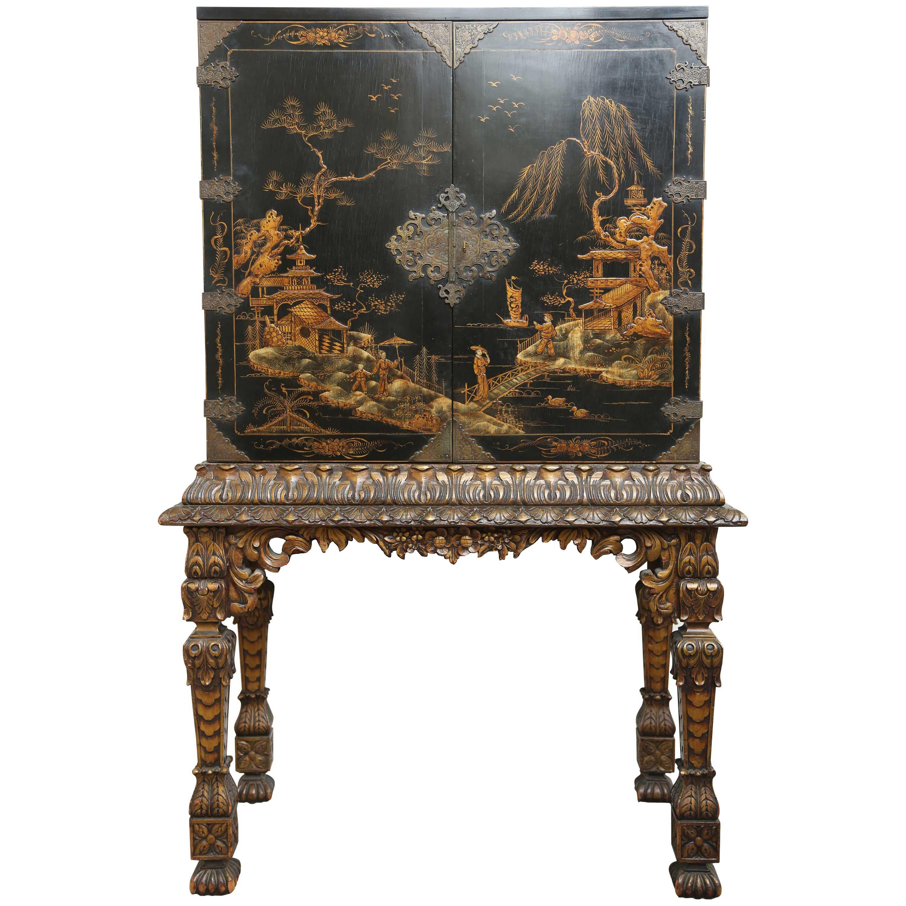 Black Chinoiserie Hand Decorated Cabinet on Gilt Stand