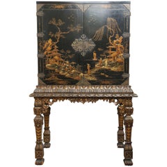 Antique Black Chinoiserie Hand Decorated Cabinet on Gilt Stand