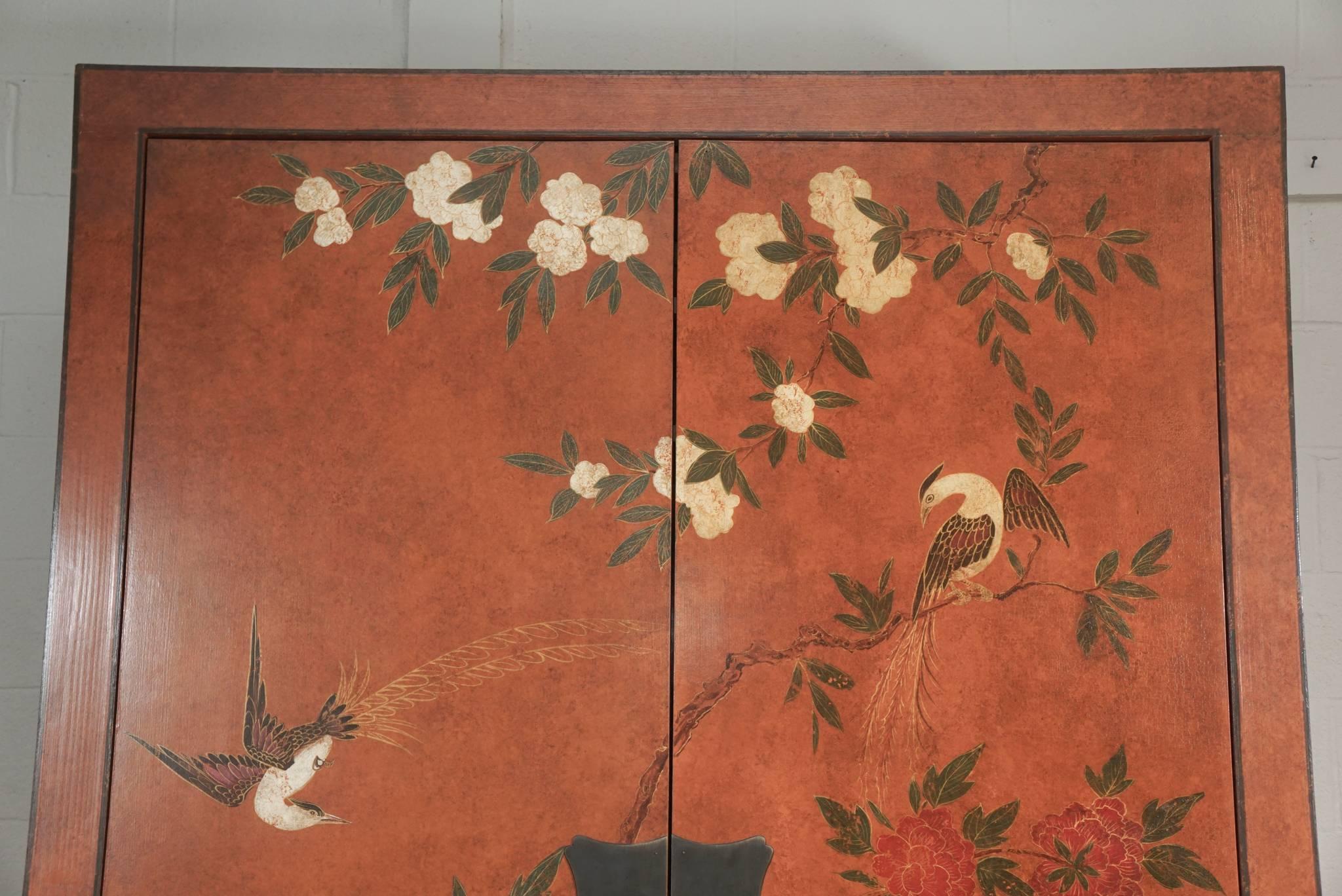 Contemporary Chinoiserie Cabinet with Birds and Flowers For Sale