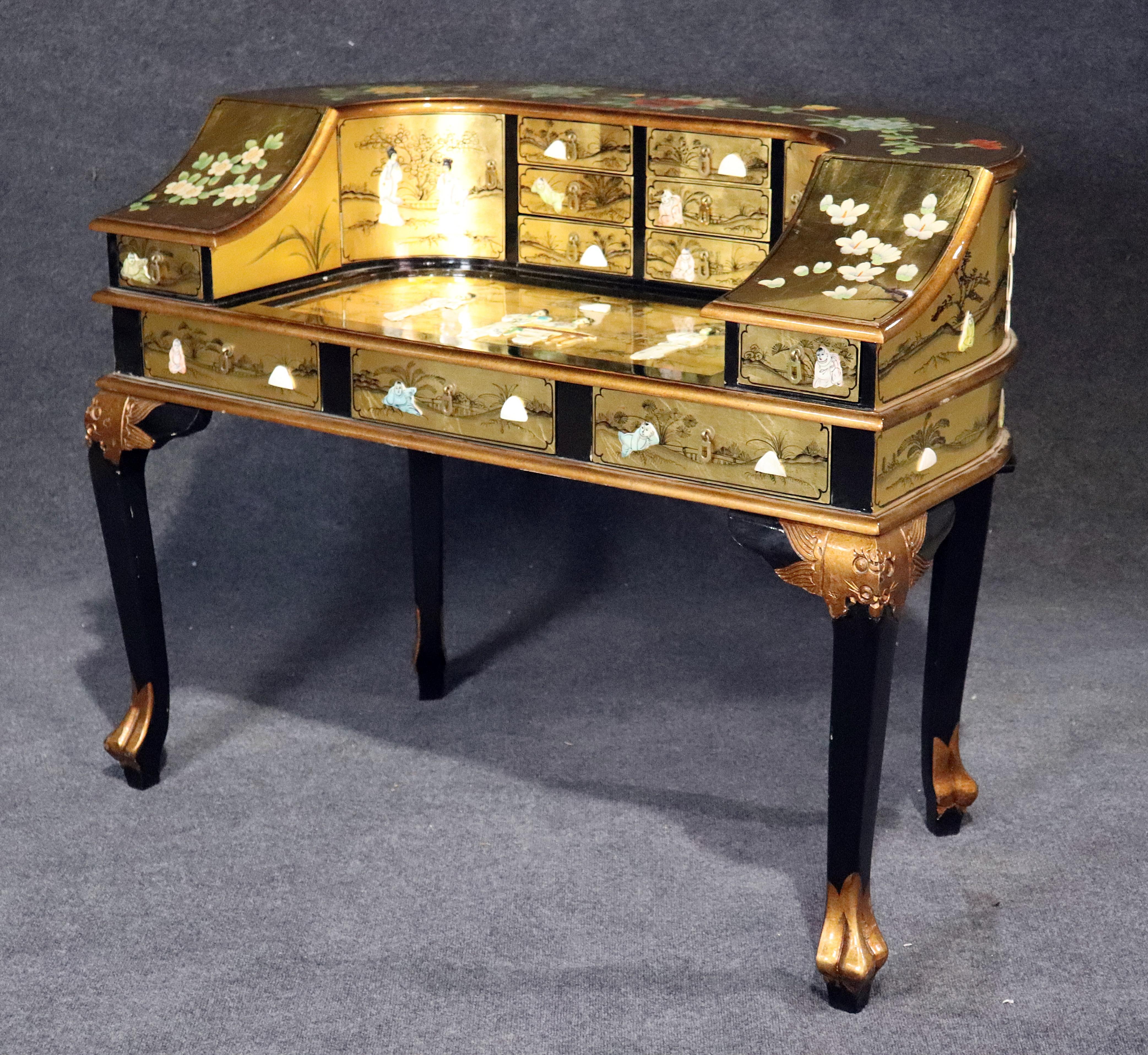 20th Century Gold Leaf Gilded Applique Chinoiserie Carlton House Writing Desk 