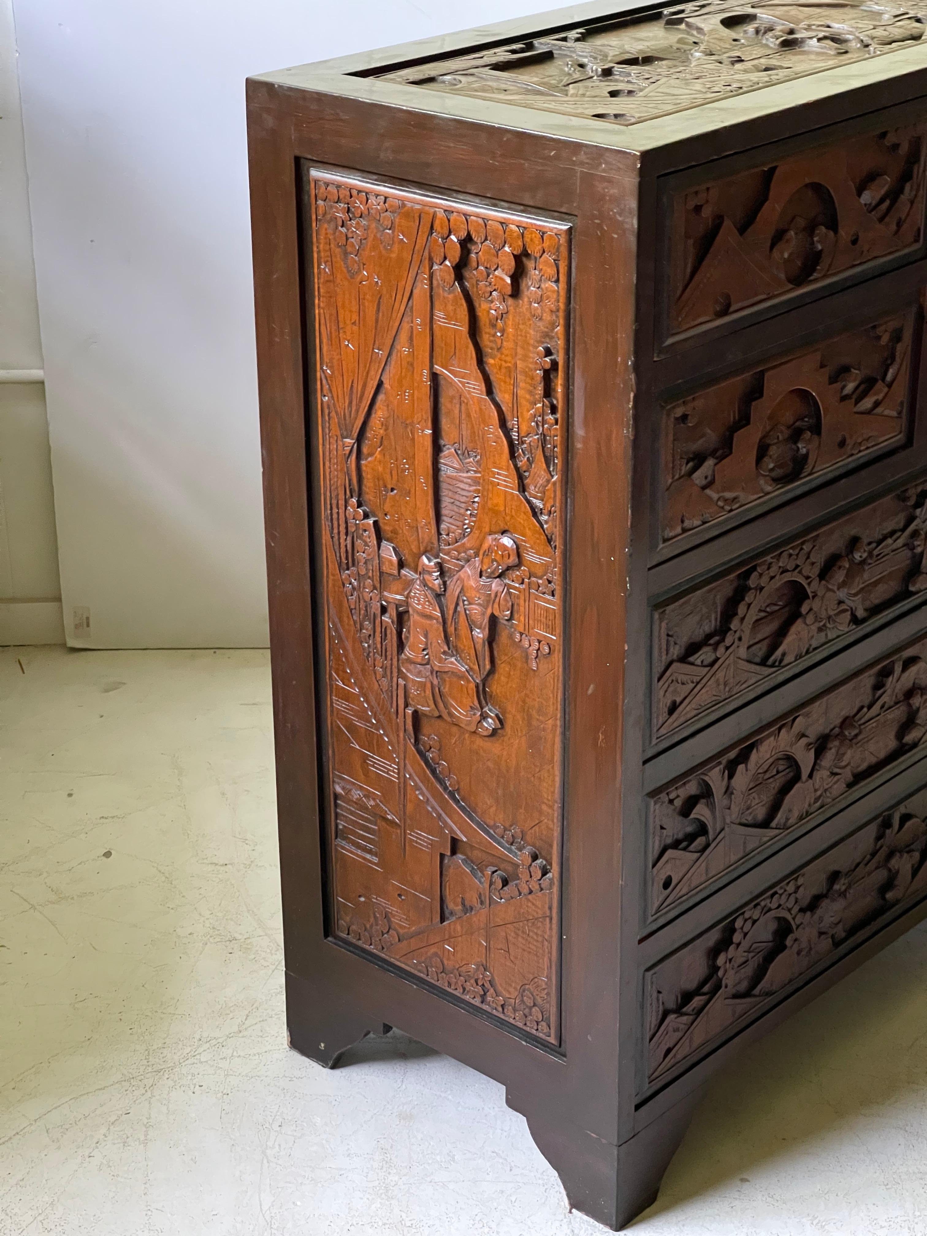 Chinoiserie Carved Camphor Wood Batchelor's Chest 5