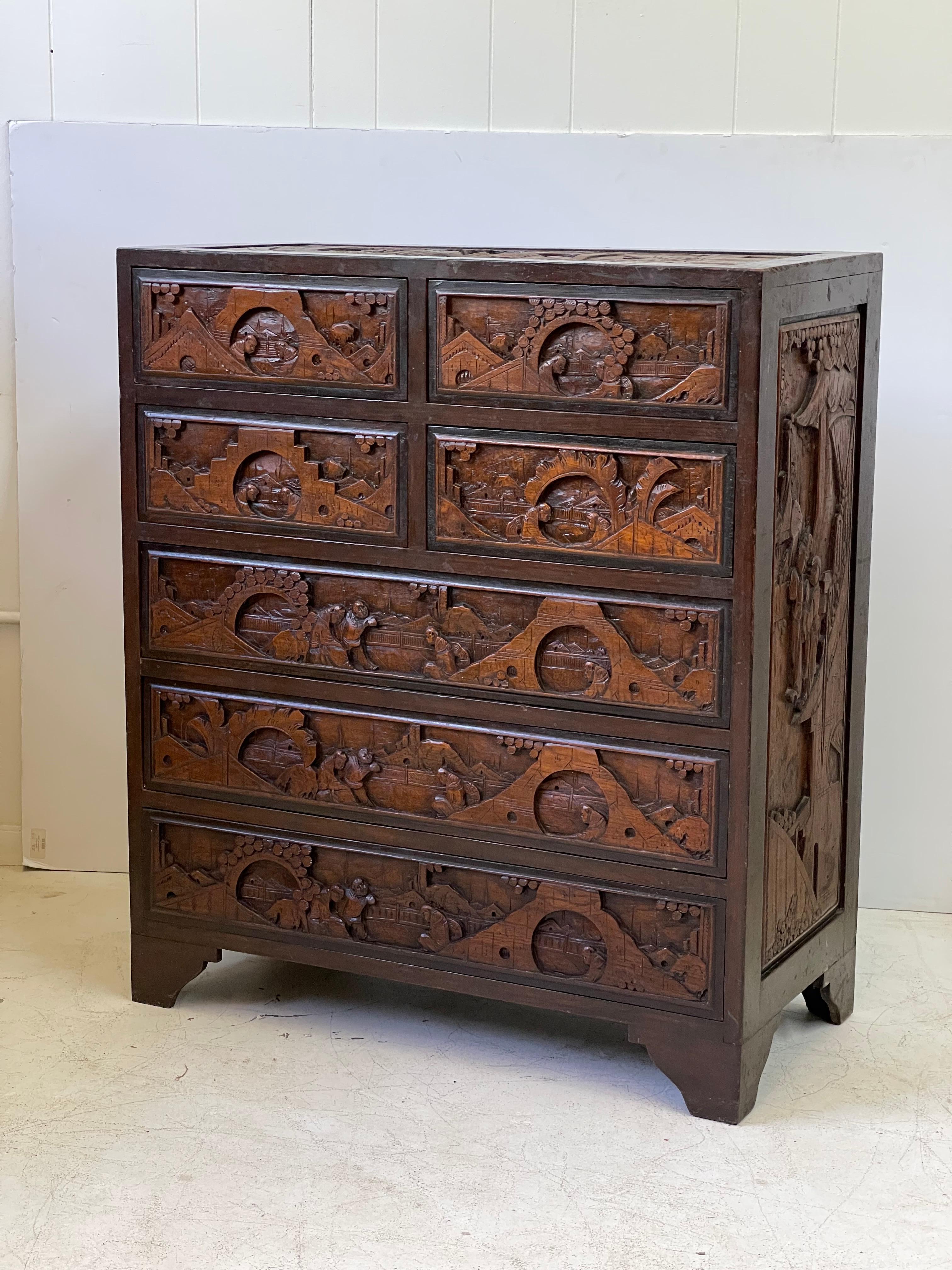 Chinoiserie Carved Camphor Wood Batchelor's Chest 6