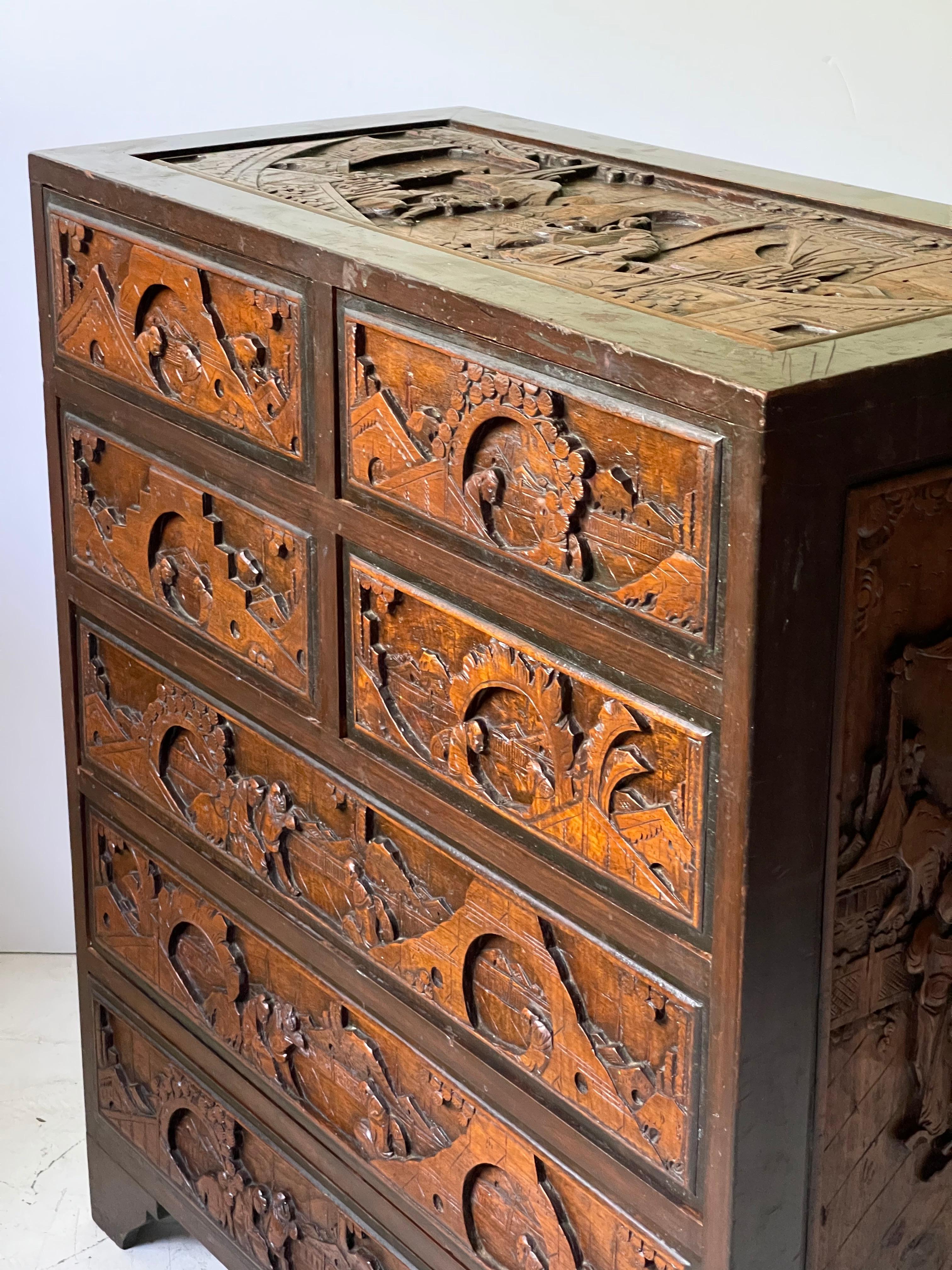 Chinoiserie Carved Camphor Wood Batchelor's Chest 8