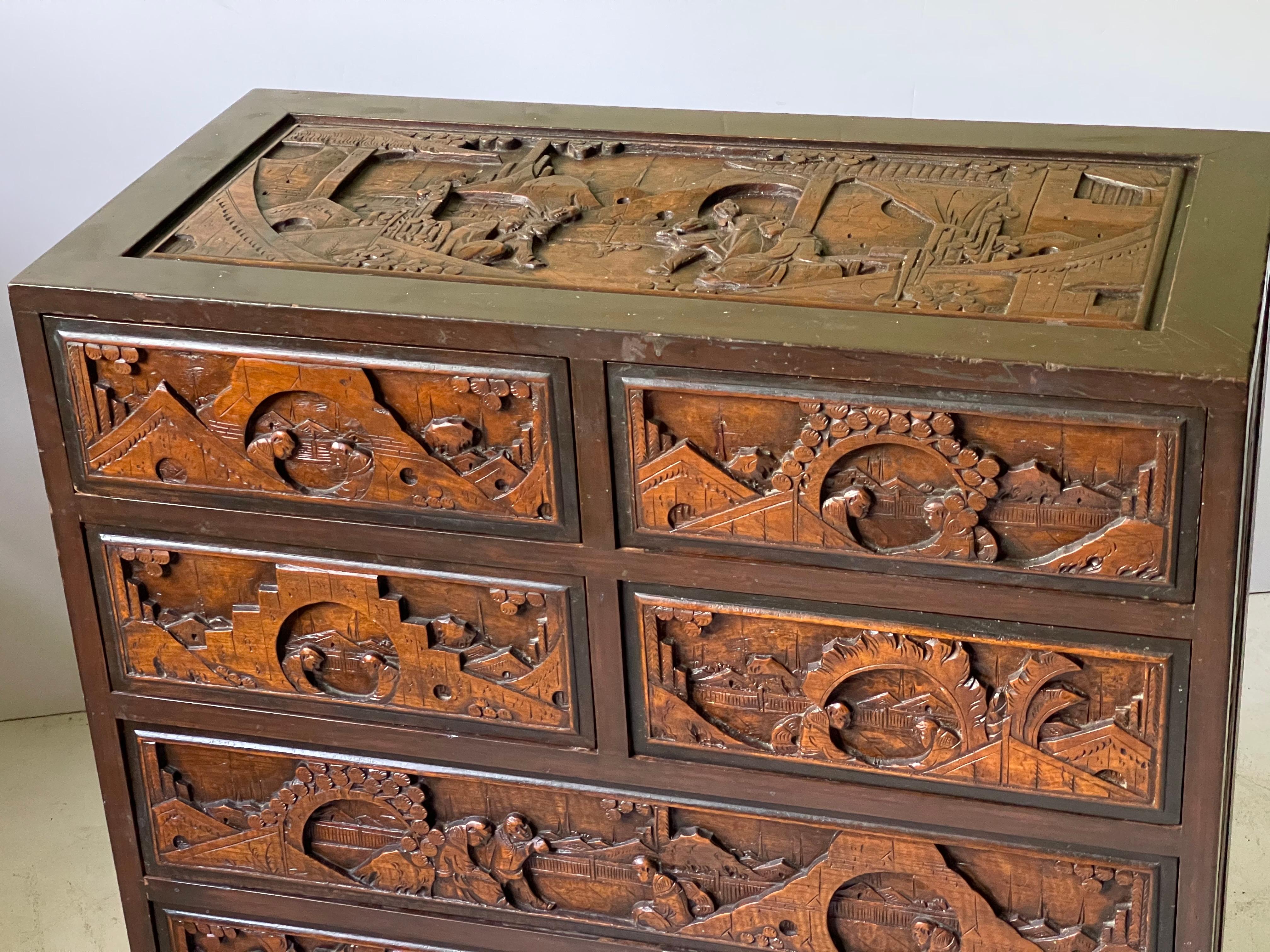 Chinoiserie Carved Camphor Wood Batchelor's Chest 4