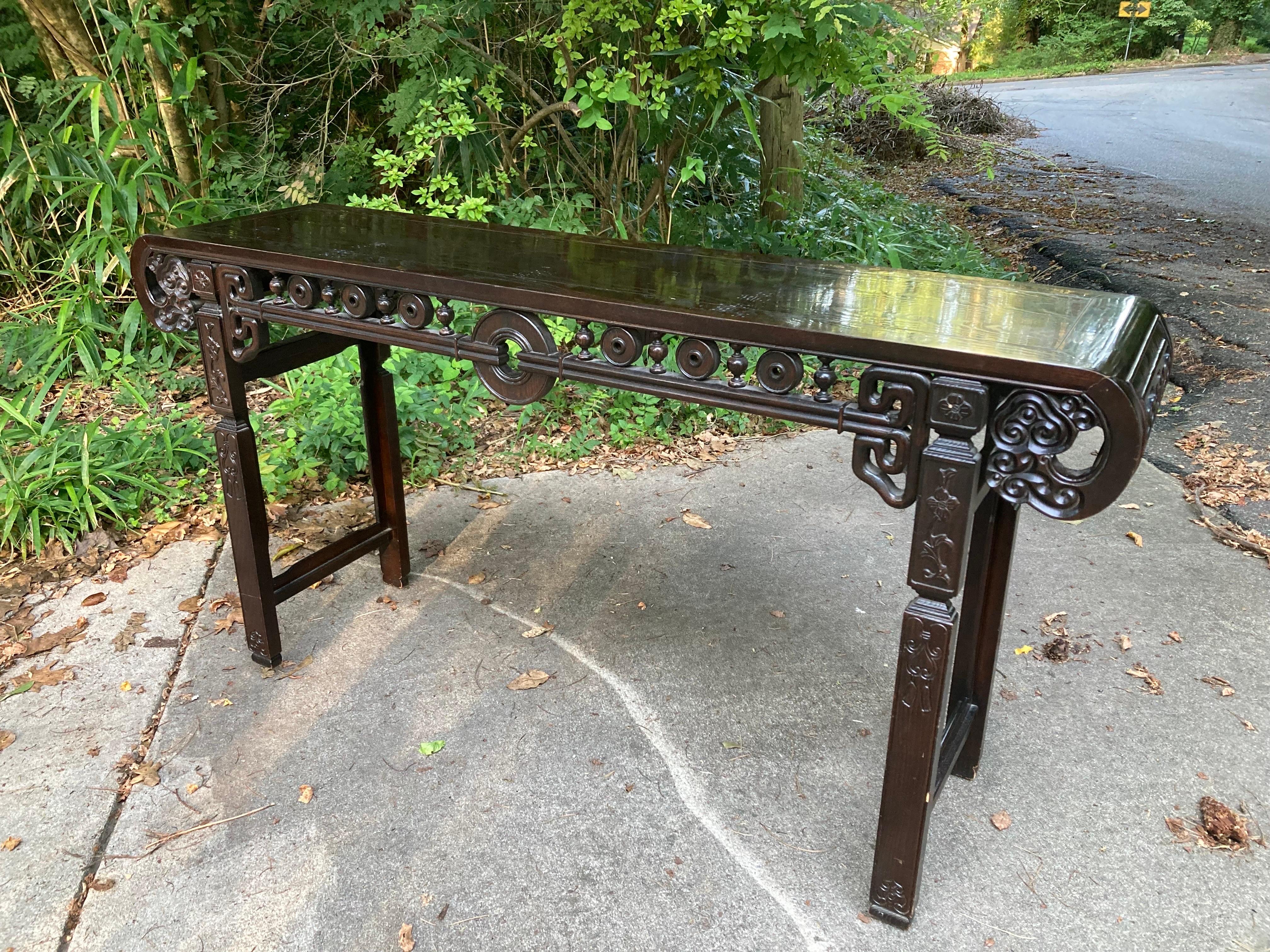 imported from mainland china, in 1972… hand carved detail, 33 tall, 64 wide and 15.5 deep… solid design… table can float in any room… piano lacquer finish on top of table…
shipping from athens, ga