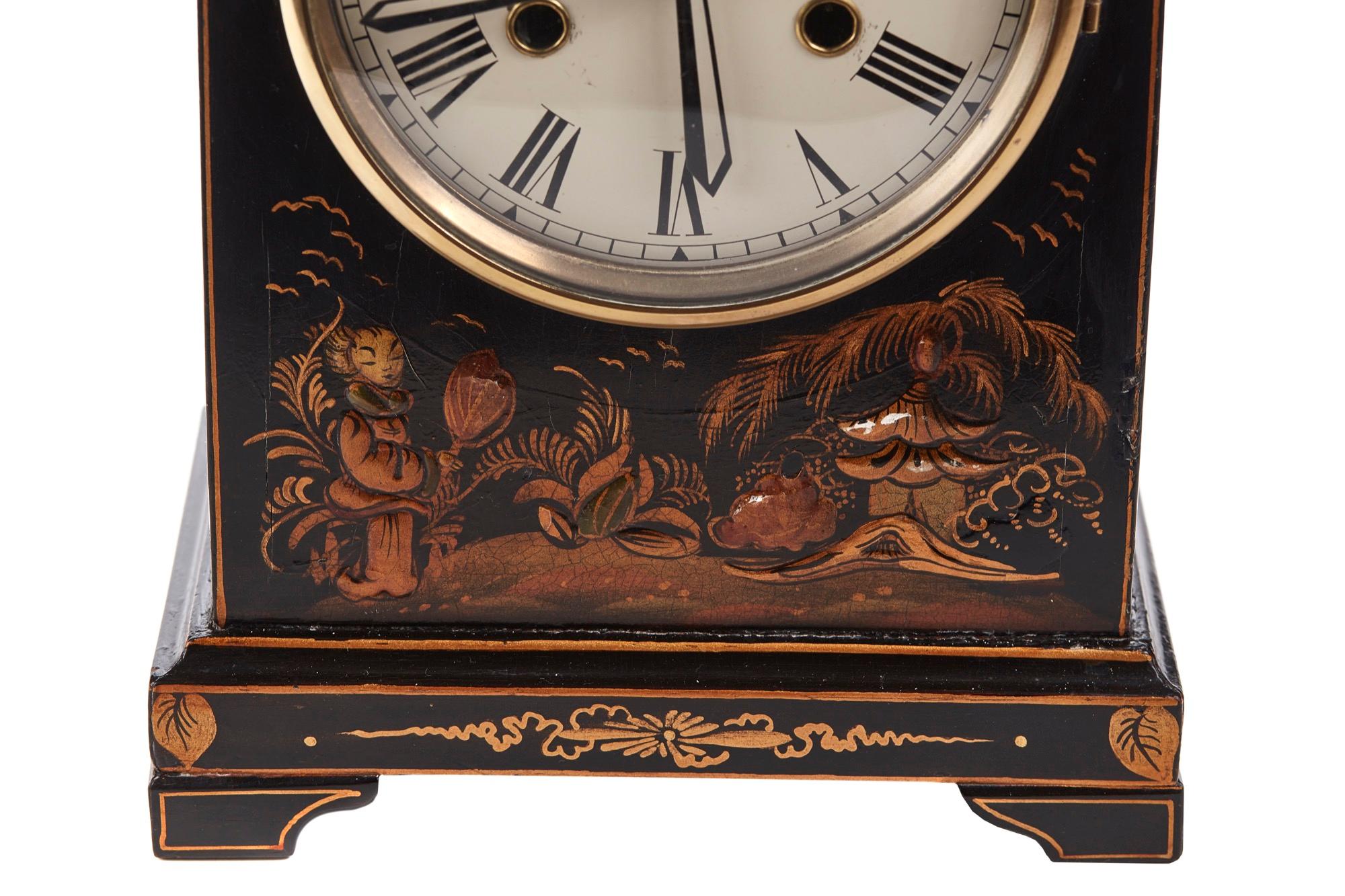 Offered for sale is this chinoiserie cased dome topped mantel clock with circular dial and twin chain movement. Lacquered case, 8 day movement. Perfect working order and original key.