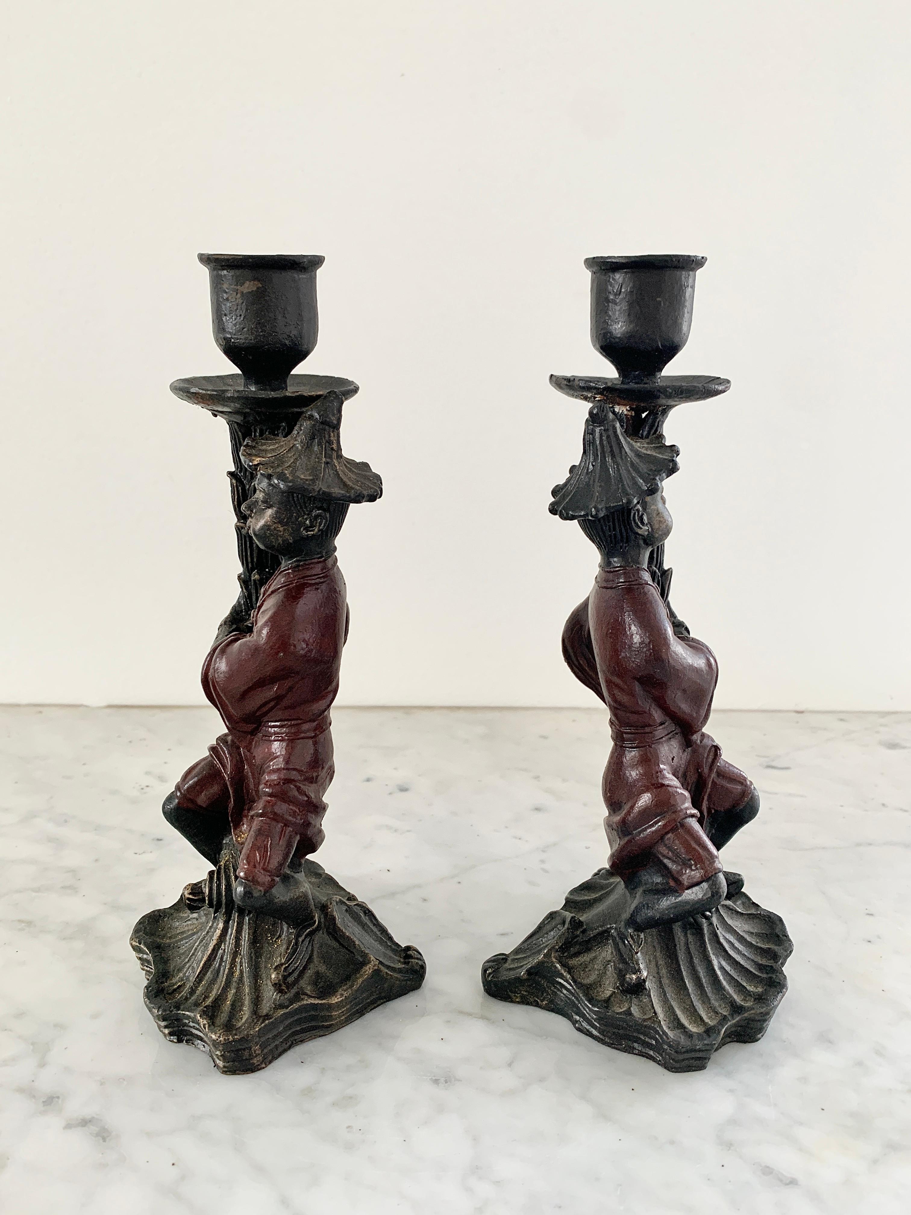 Chinoiserie Cast Iron Figurative Candle Holders, Pair In Good Condition In Elkhart, IN