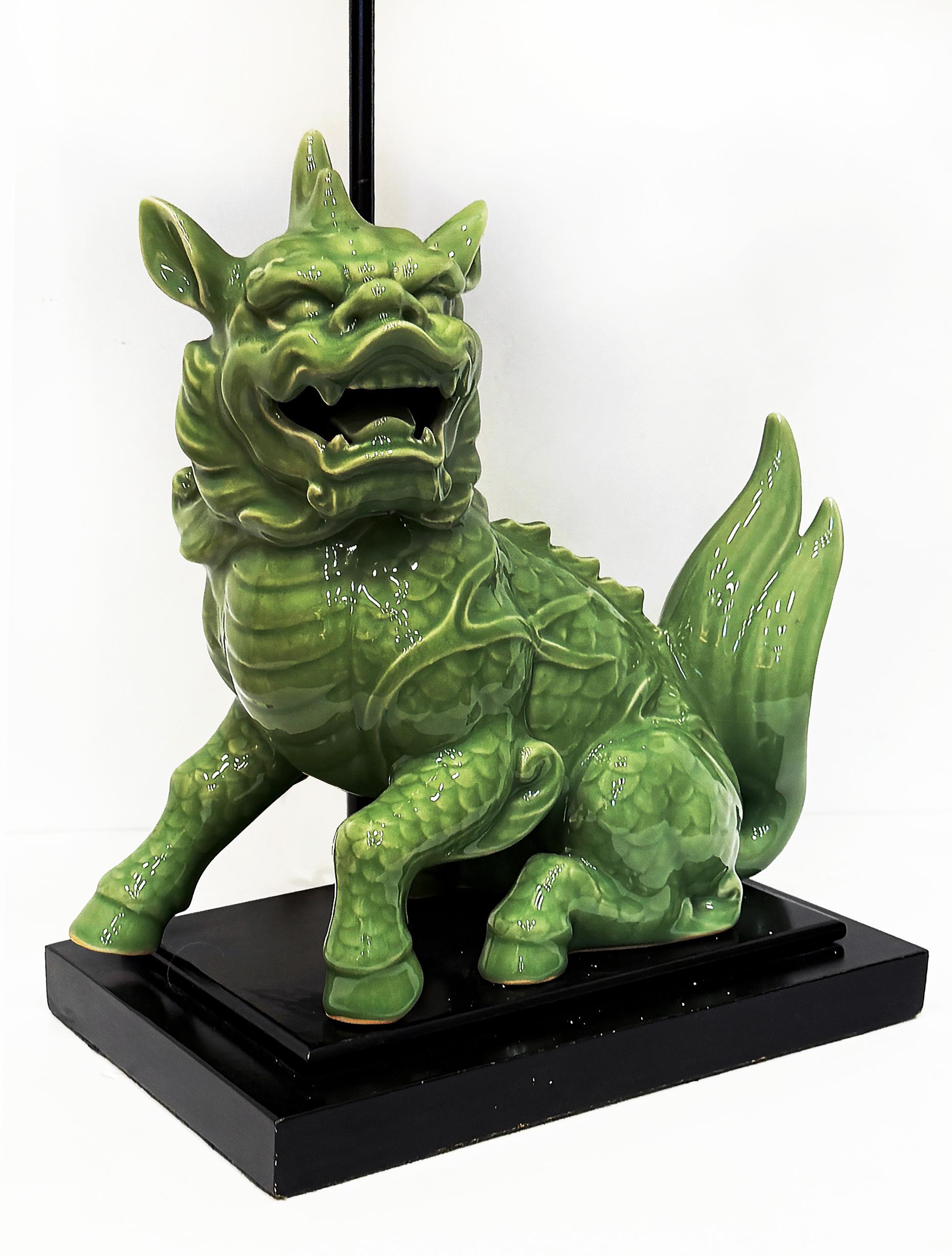 1940s Chinoiserie Celadon Porcelain Foo Dog Lamp, Custom Shade In Good Condition For Sale In Miami, FL