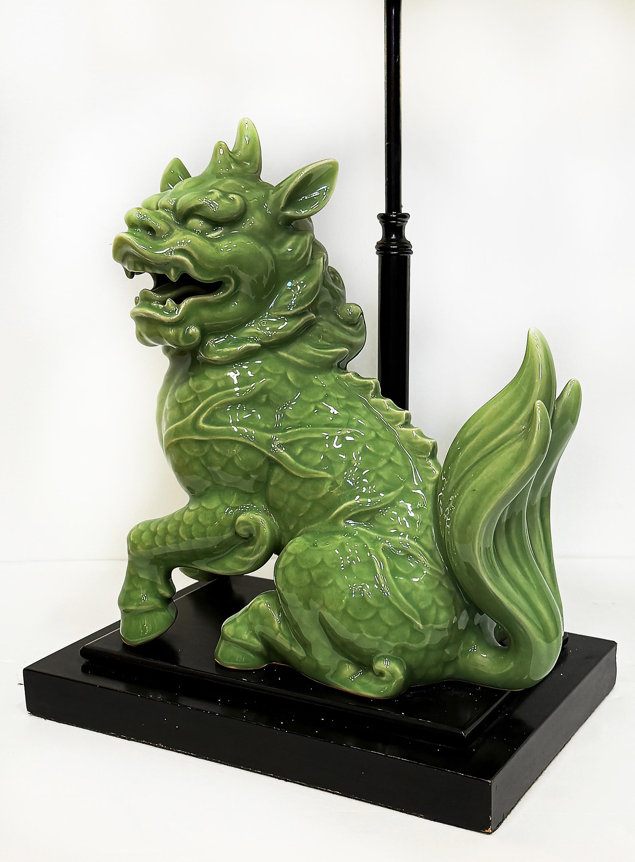 20th Century 1940s Chinoiserie Celadon Porcelain Foo Dog Lamp, Custom Shade For Sale