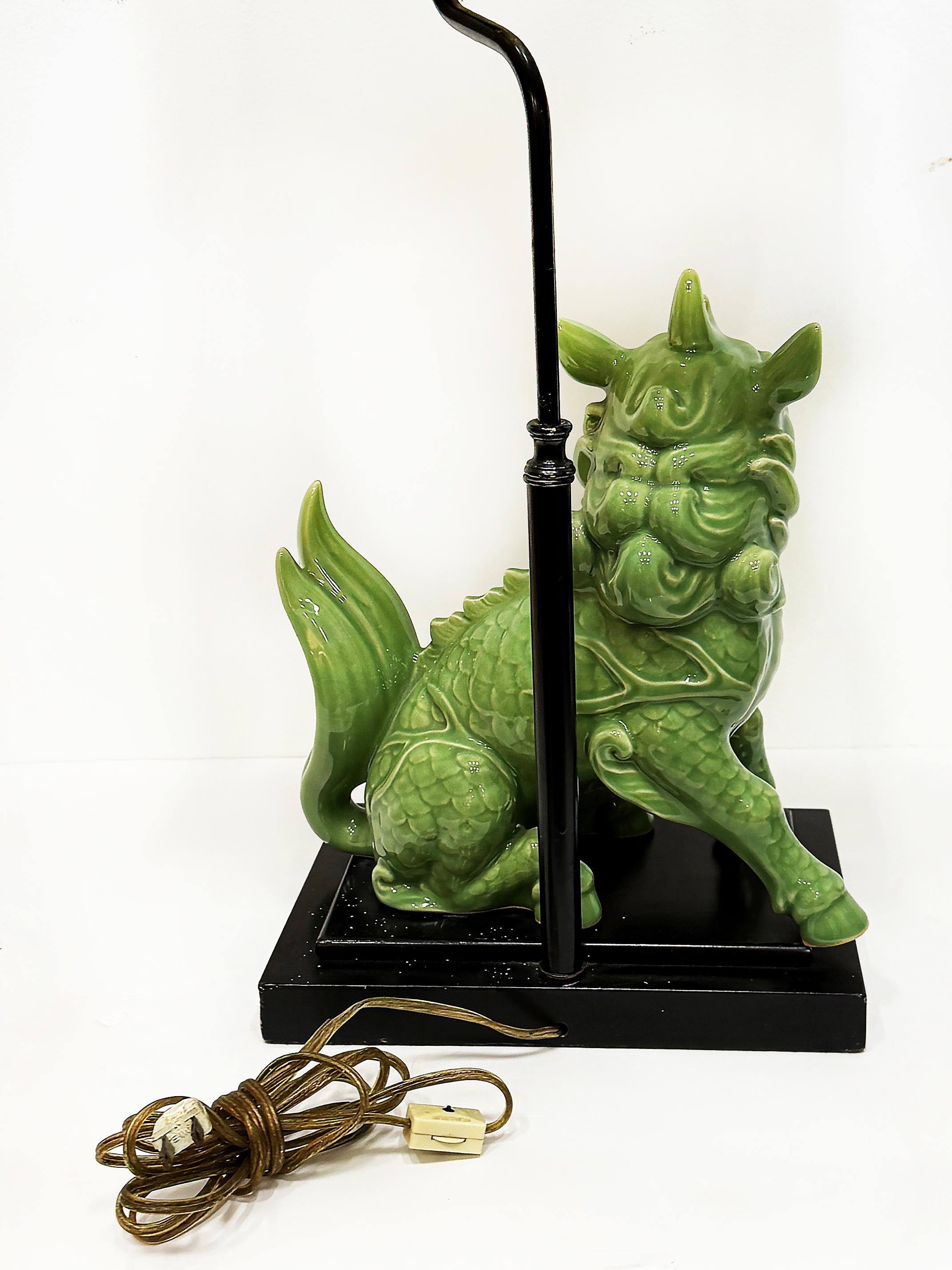 Metal 1940s Chinoiserie Celadon Porcelain Foo Dog Lamp, Custom Shade For Sale