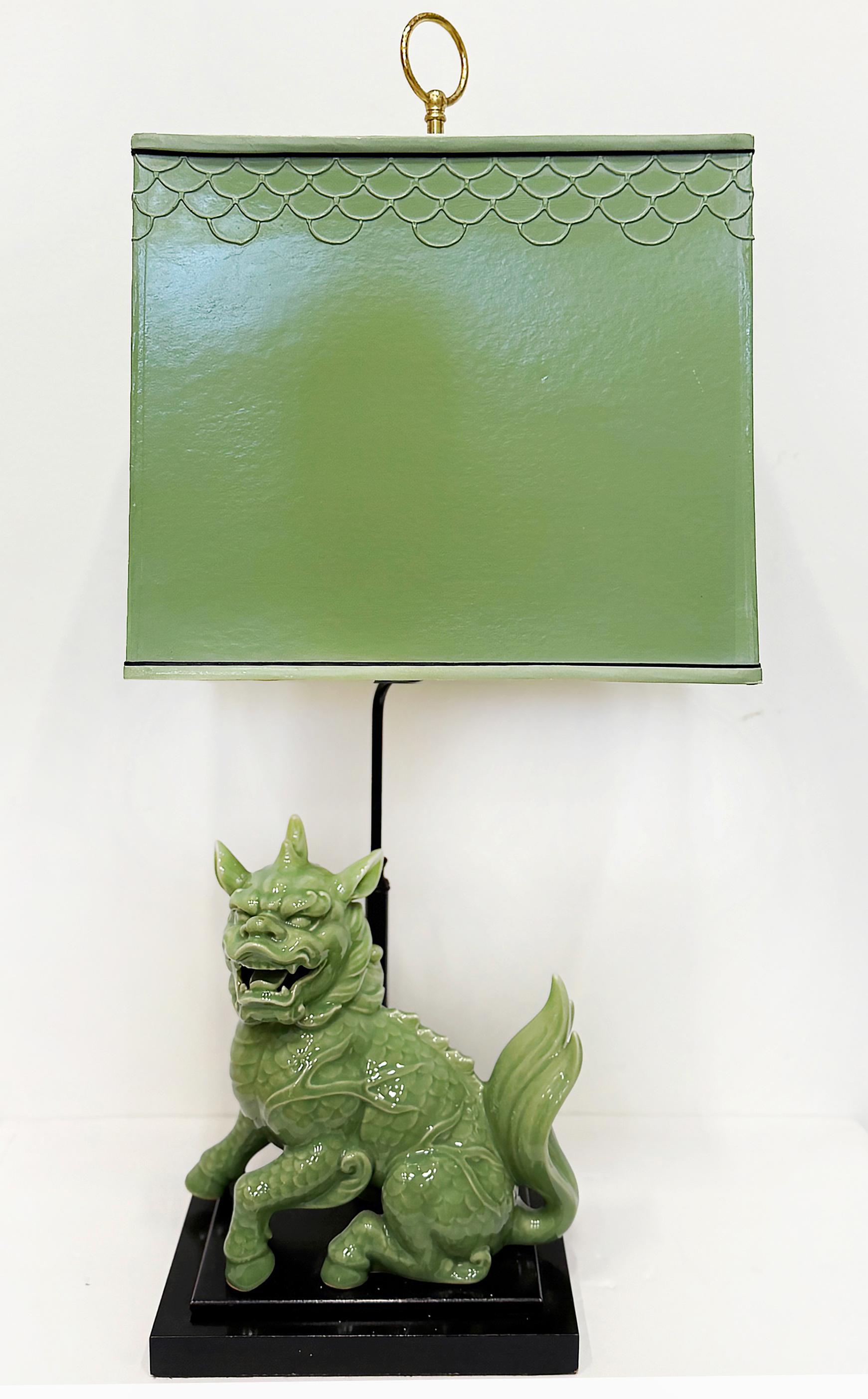 1940s Chinoiserie Celadon Porcelain Foo Dog Lamp, Custom Shade For Sale 1