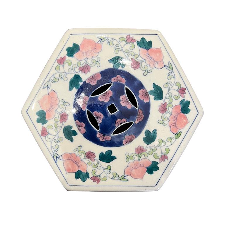 Chinoiserie Ceramic Cherry Blossom Motif Garden Stool in Blue, Pink and Green In Good Condition For Sale In Oklahoma City, OK