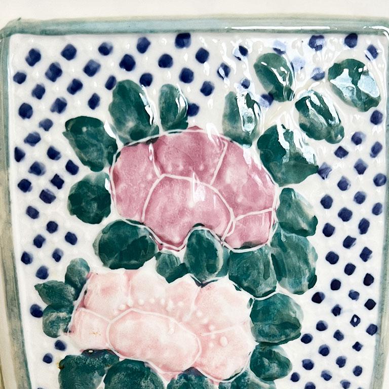 Chinoiserie Ceramic Cherry Blossom Motif Garden Stool in Blue, Pink and Green In Good Condition For Sale In Oklahoma City, OK