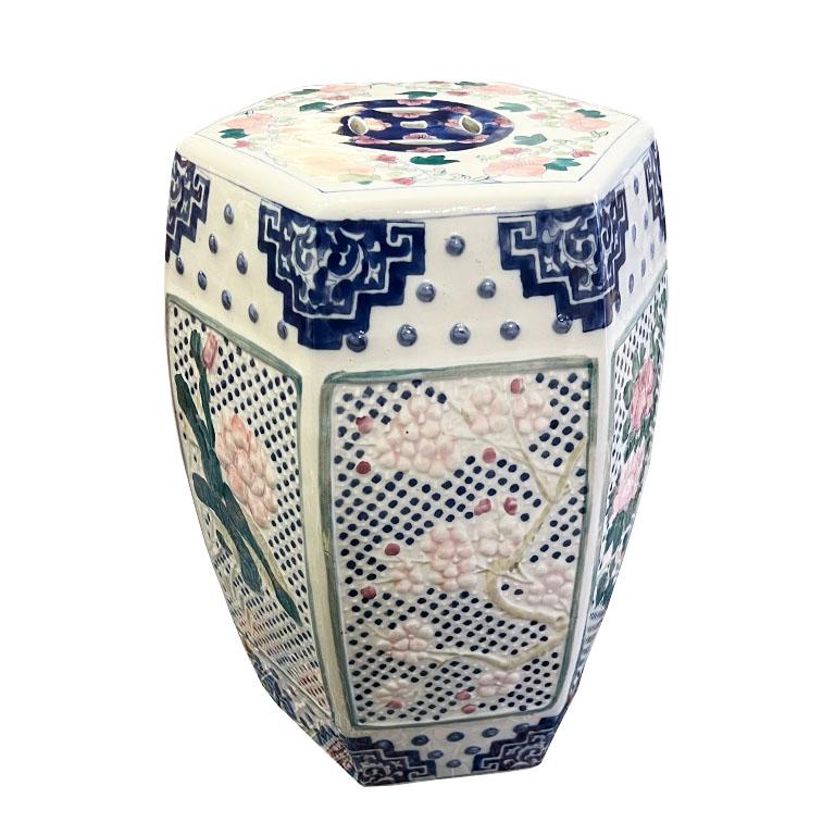 Chinoiserie Ceramic Cherry Blossom Motif Garden Stool in Blue, Pink and Green For Sale 1