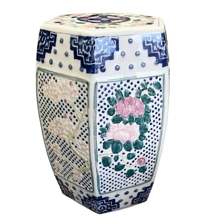 Chinoiserie Ceramic Cherry Blossom Motif Garden Stool in Blue, Pink and Green For Sale 1