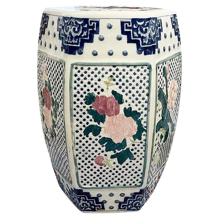 Chinoiserie Ceramic Cherry Blossom Motif Garden Stool in Blue, Pink and Green For Sale