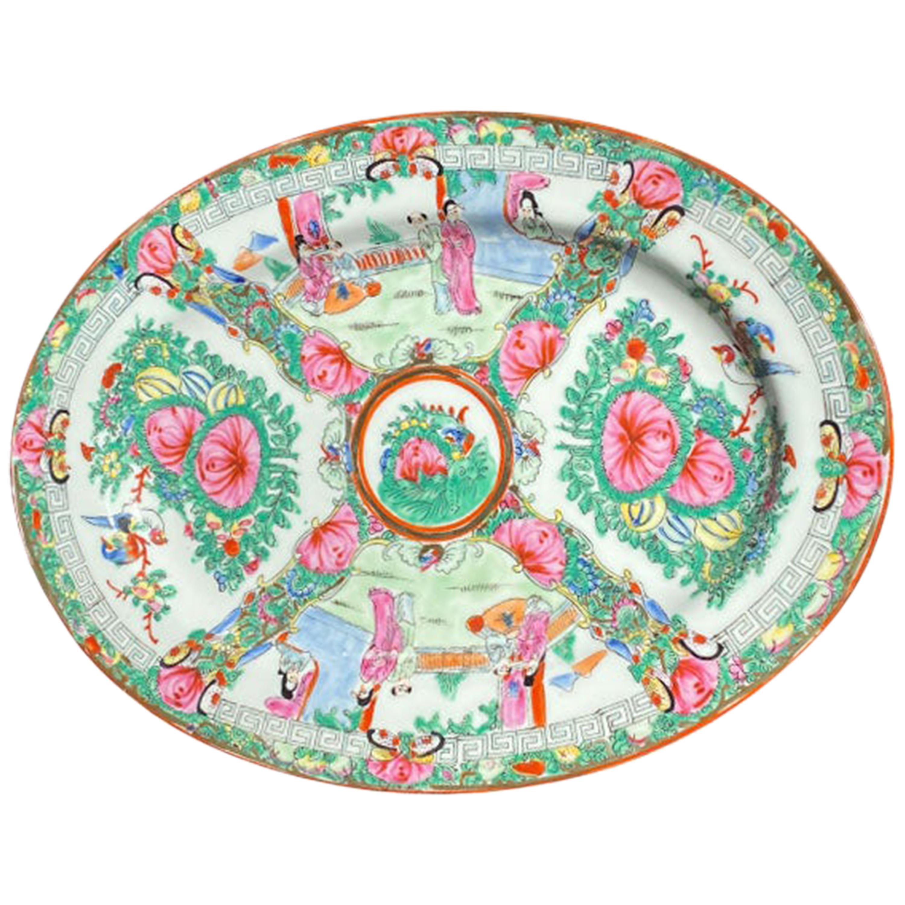 Chinoiserie Ceramic Famille Rose Oval Platter in Pink and Gold Floral Motif For Sale