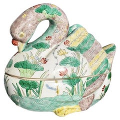 Vintage Chinoiserie Ceramic Famille Verte Duck Tureen with Lid