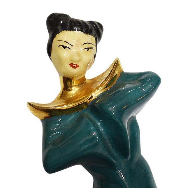 American Chinoiserie Ceramic Figural Statues in Gold, Turquoise and Red, a Pair For Sale