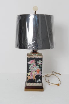Asian Chinoiserie Ceramic Table Lamp, Black with Scenic Design, 1950s