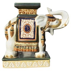 Chinoiserie Ceramic Lucky Elephant Plant Stand in Green and Cream