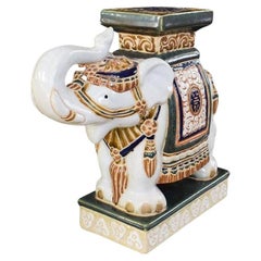 Chinoiserie Ceramic Lucky Elephant Plant Stand in Green and Cream