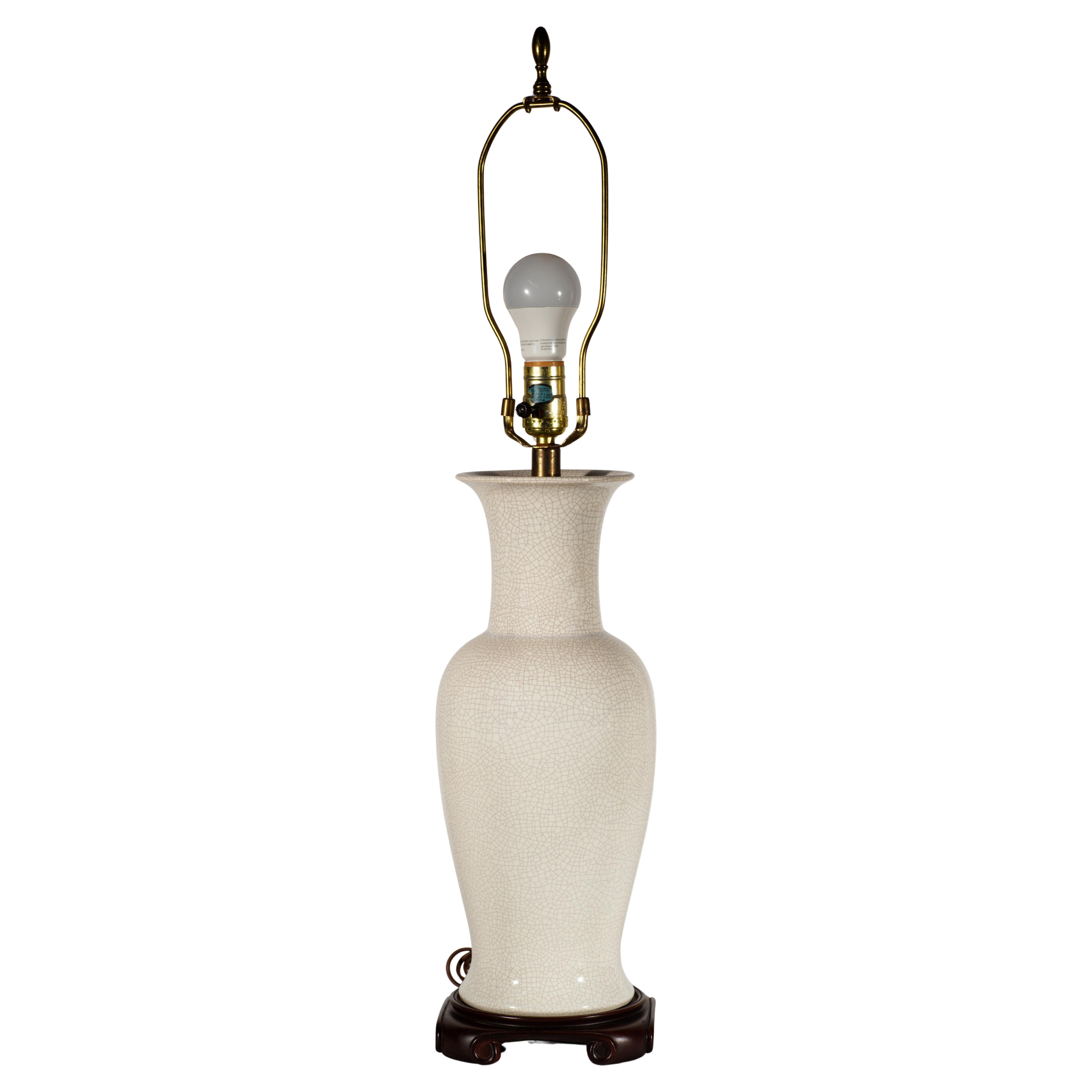 Chinoiserie Ceramic Urn Lamp, White Glaze with Craquelure
