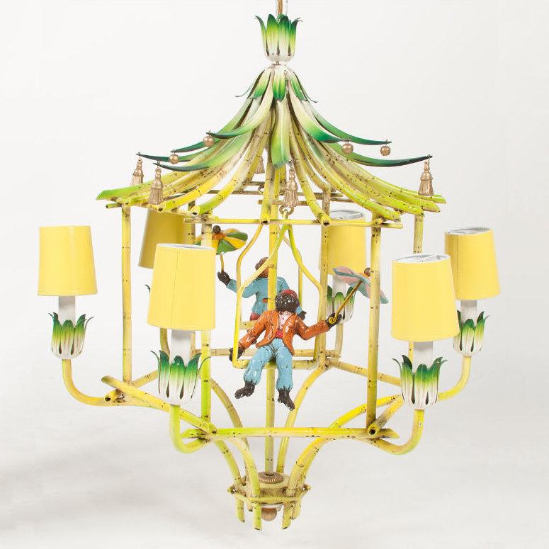 Chinoiserie painted tole and metal chandelier with hanging monkeys, early 20th century. A chinoiserie chandelier having a top of stylized palm leaves and frame painted to look like bamboo, with two monkeys hanging on perches from two sides and