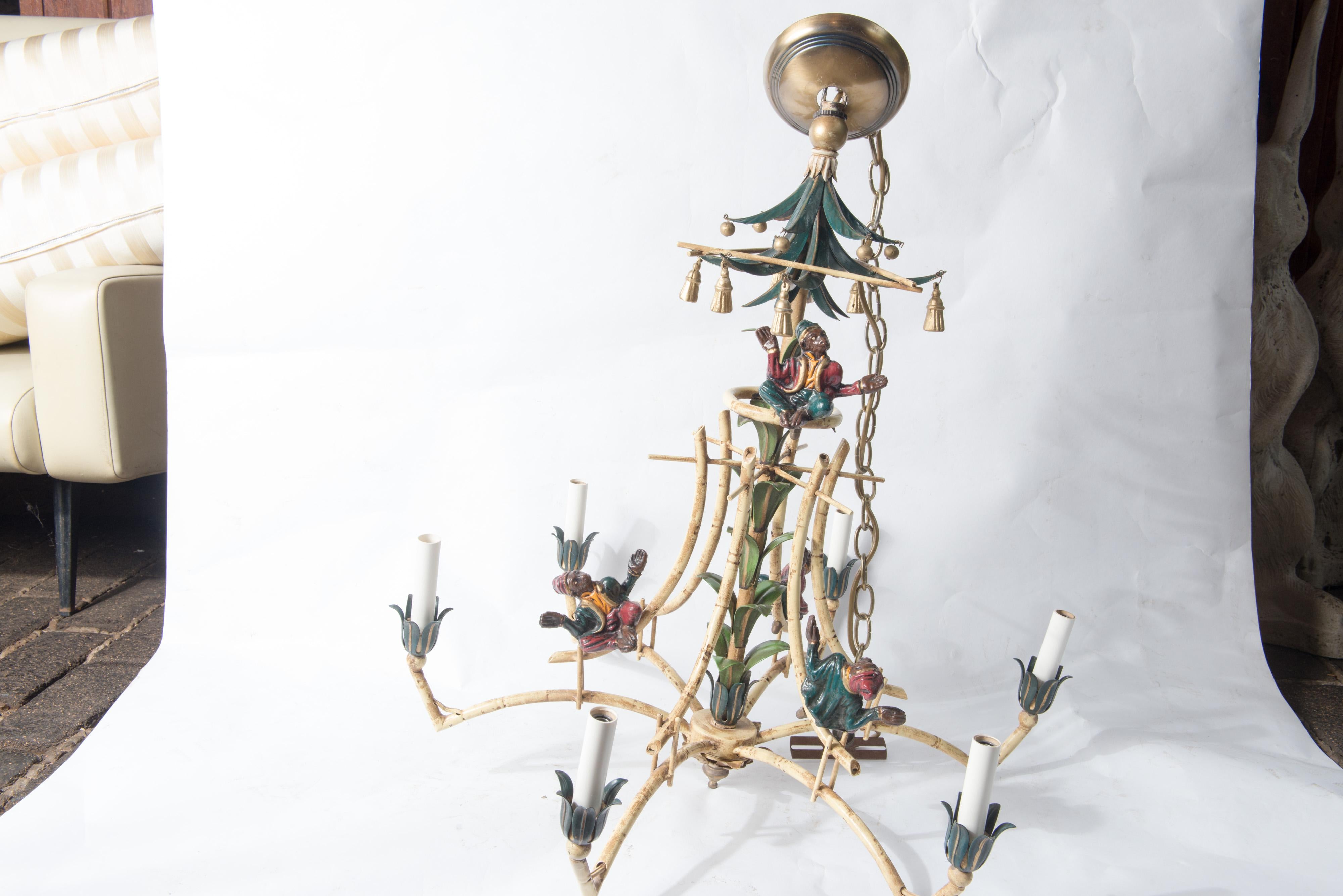 Chinoiserie Chandelier with Monkeys & Tassels In Good Condition In Stamford, CT